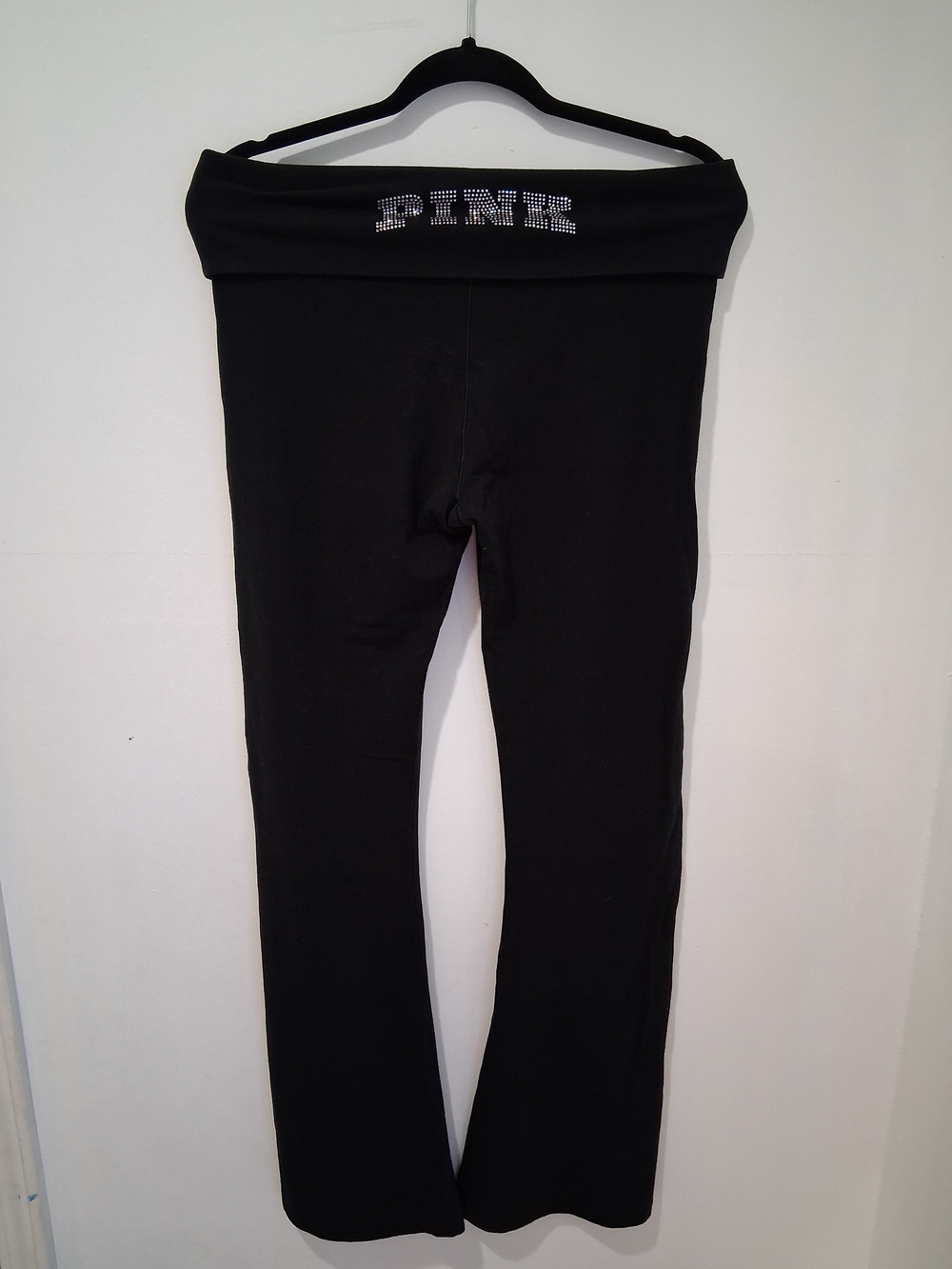 Victoria Secret Pink Black Flare Leggings W/ Rhinestone PINK Foldover Waist- LG